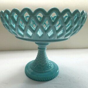 Vtg Challinor & Taylor BLUE MILK GLASS Footed Pedestal Bowl-Basket Weave Design